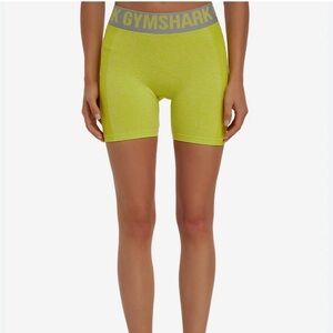 Gymshark Flex Shorts, Sz. S, Gray waistband, greenish yellow shorts, 3” inseam